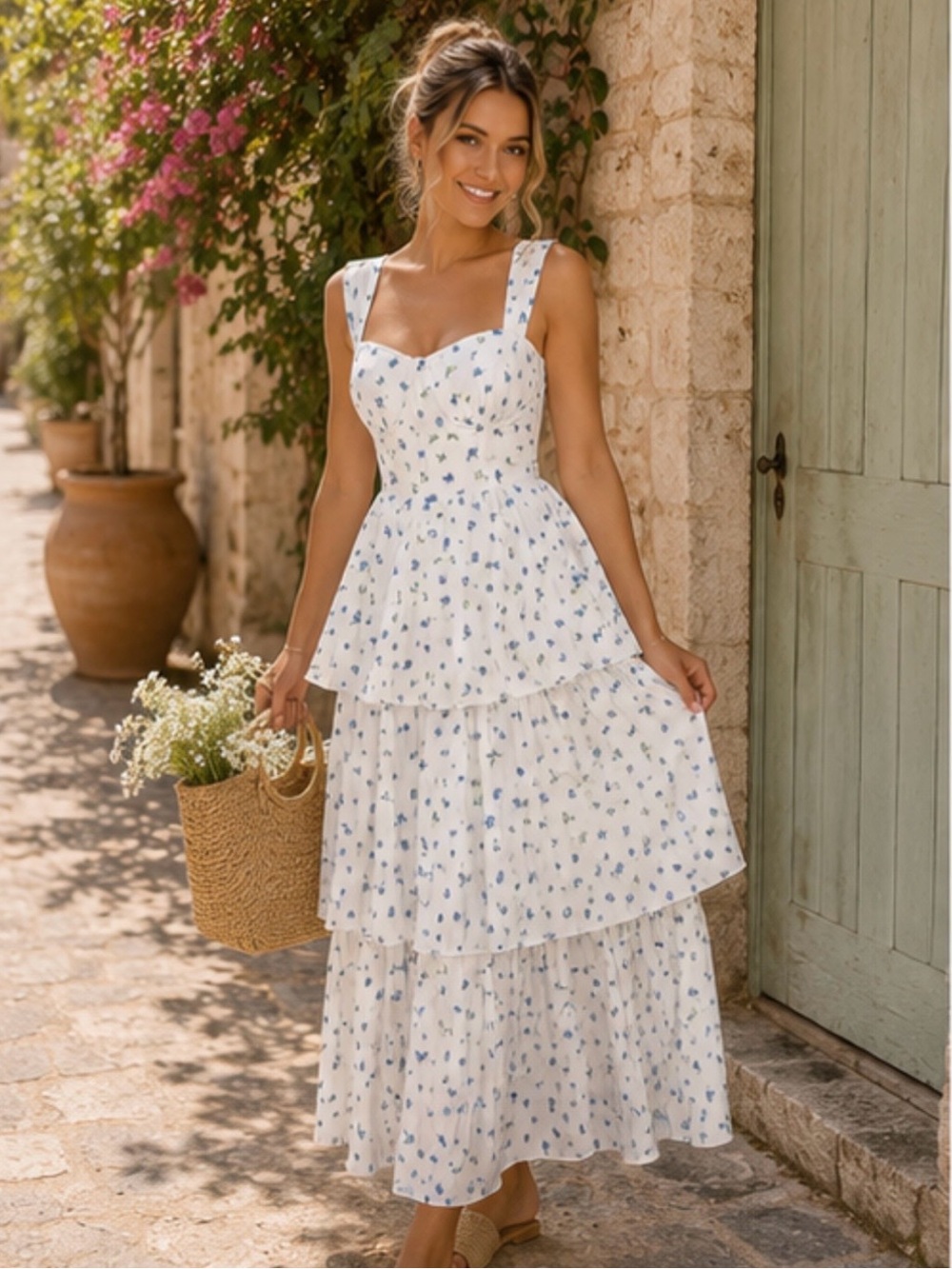 HYFVE White Tiered Maxi Dress with Blue Floral Print
